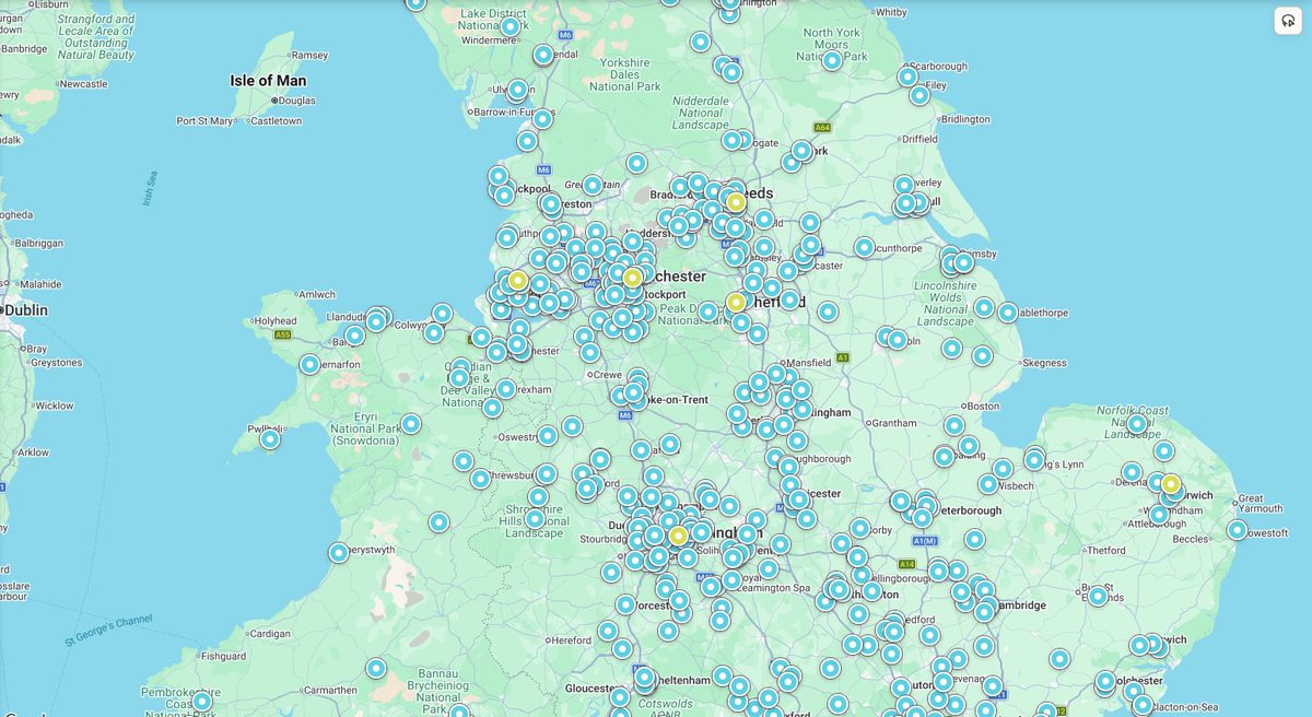 A nationwide map full of engineer and client site pins