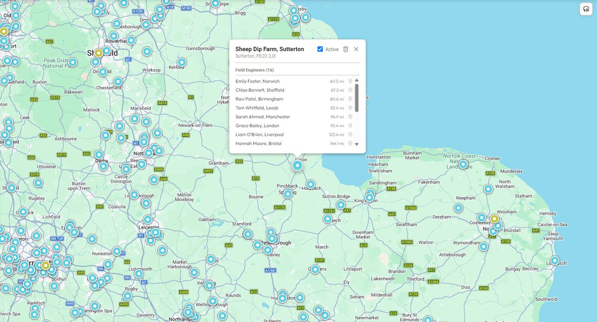 A site's popup showing its nearest field engineers ranked by distance