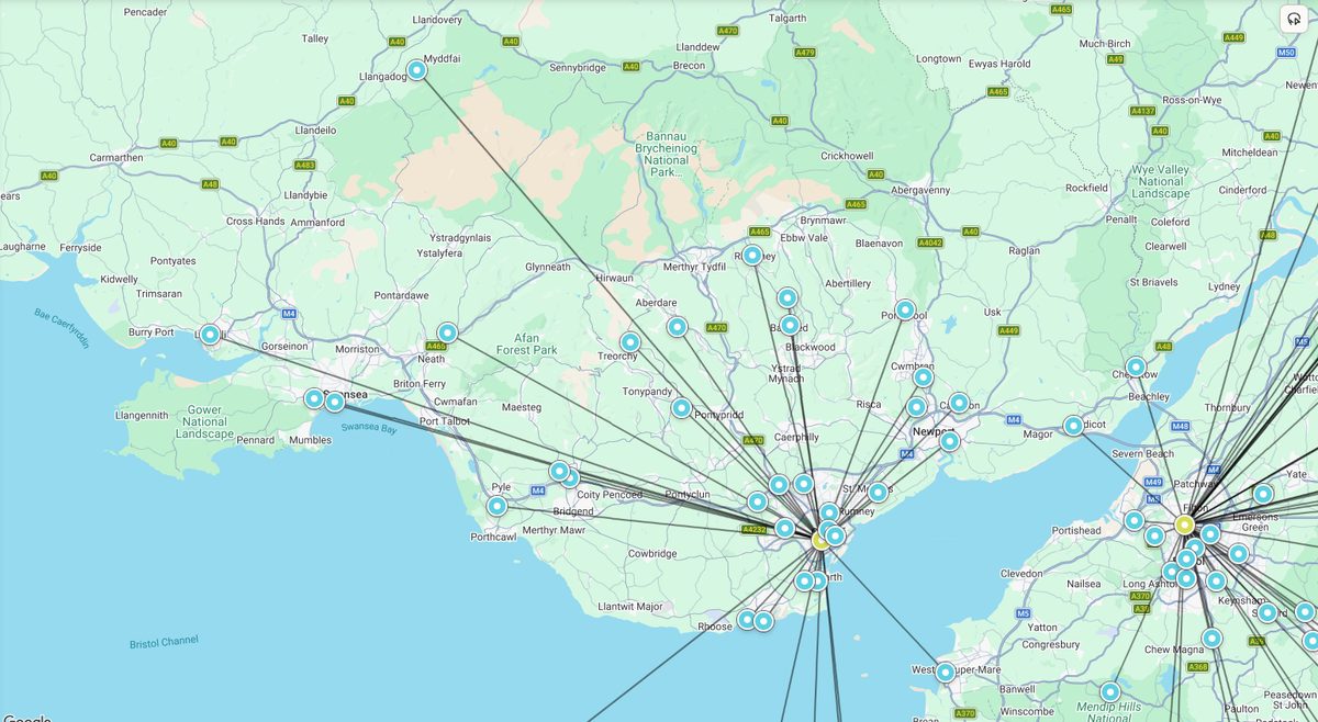 One engineer's pin with lines radiating out to dozens of assigned sites
