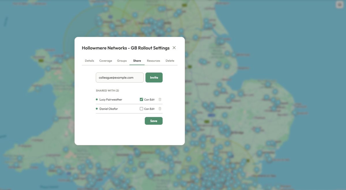 The Share project dialog with an invite field and two colleagues already shared